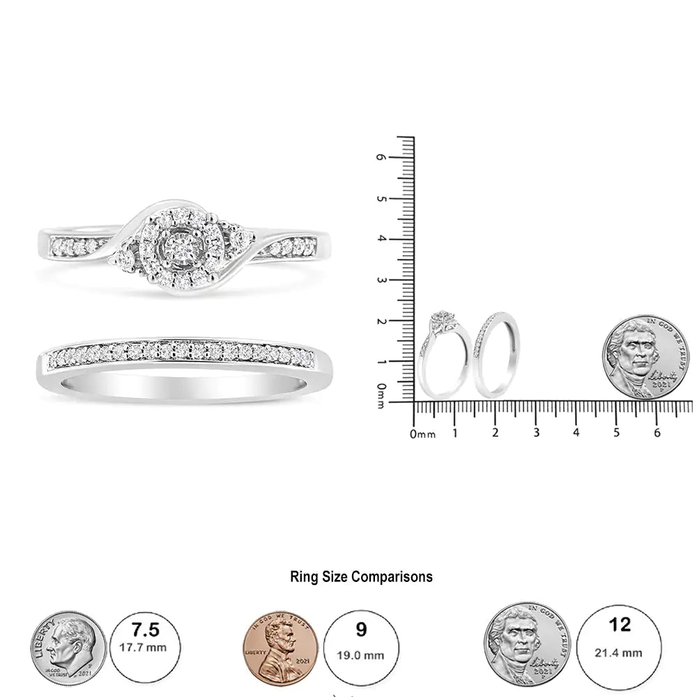 .925 Sterling Silver 1/4 Cttw Diamond Halo and Swirl Engagement Ring and Wedding Band Set (I-J Color, I3 Clarity)