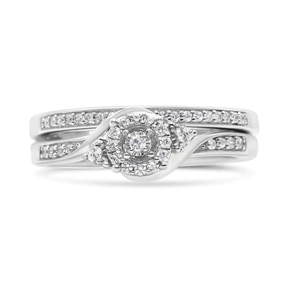 .925 Sterling Silver 1/4 Cttw Diamond Halo and Swirl Engagement Ring and Wedding Band Set (I-J Color, I3 Clarity)